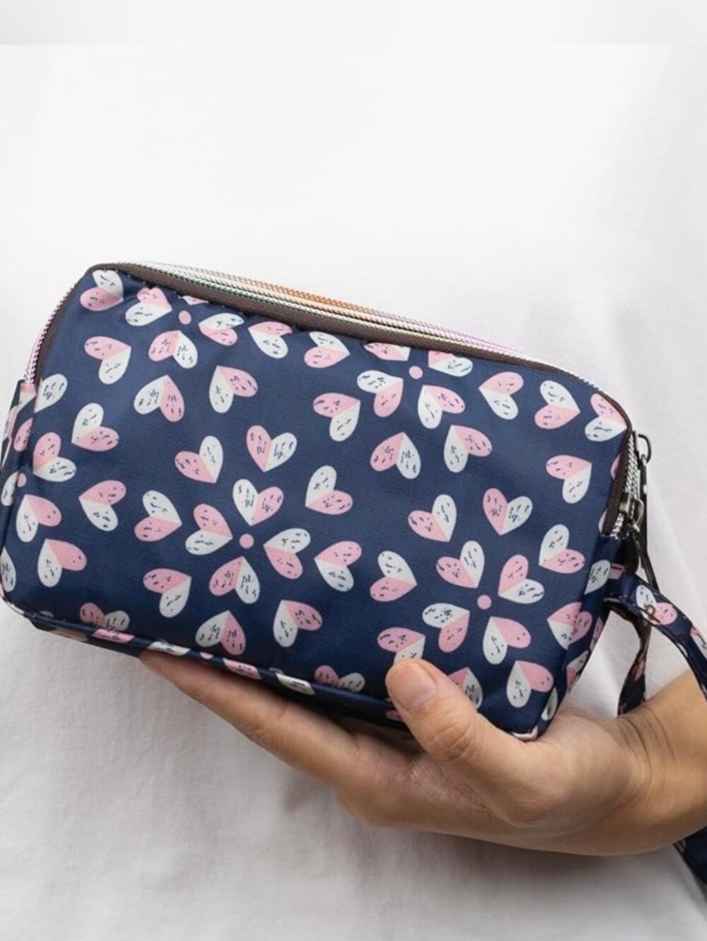 Triple-Zip Heart Print Wristlet Phone Concert Bag Organizer Pouch Waterproof NWT